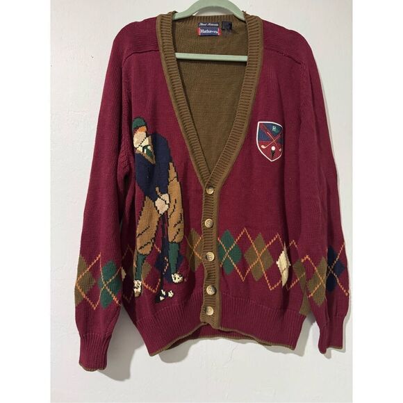 Hathaway knit golfer and crest print sweater cotton L - Picture 1 of 6